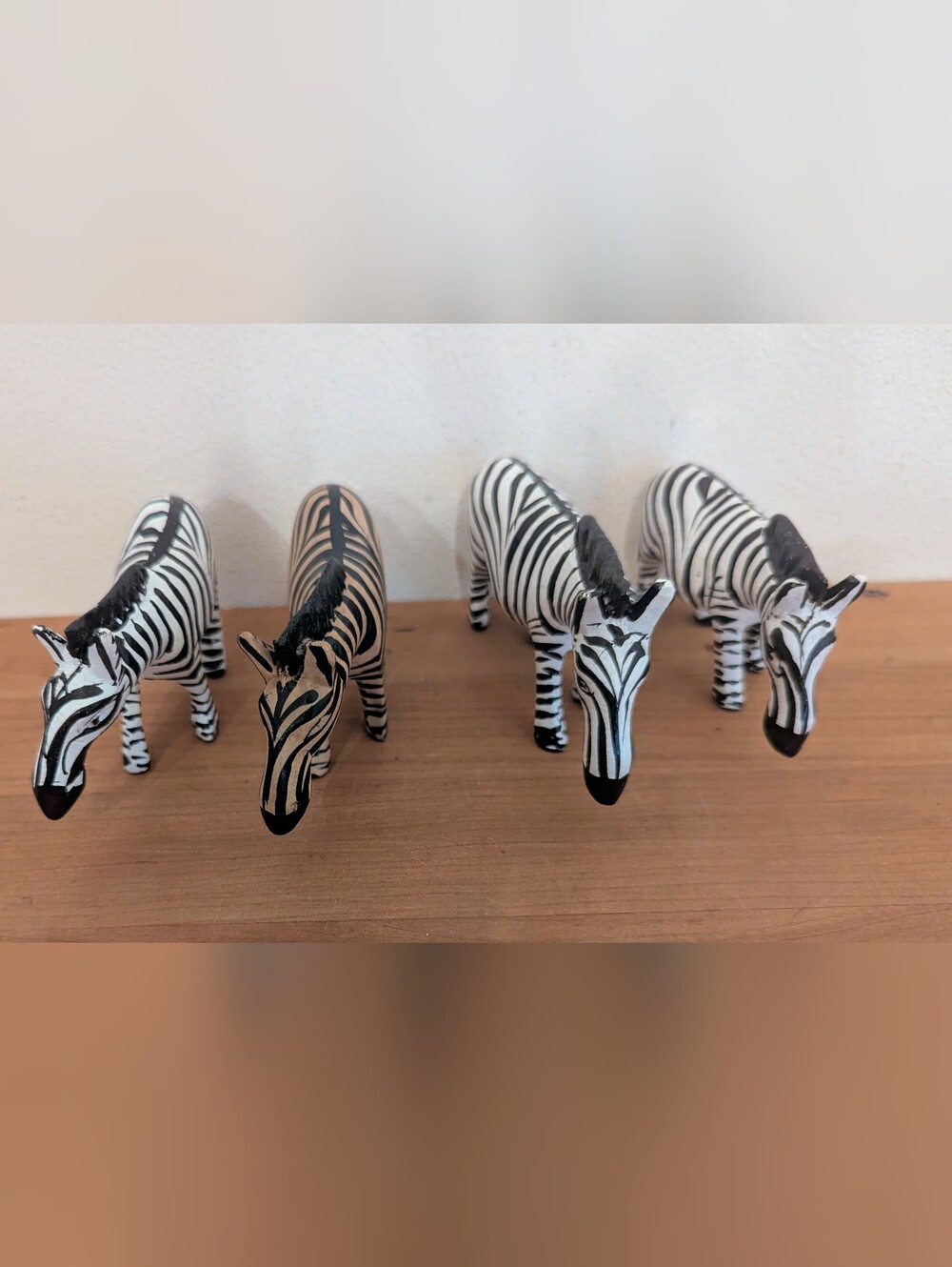 Set of 4 Hand Carved Wooden Zebra Figurines, Hand Painted Safari Animals, Africa